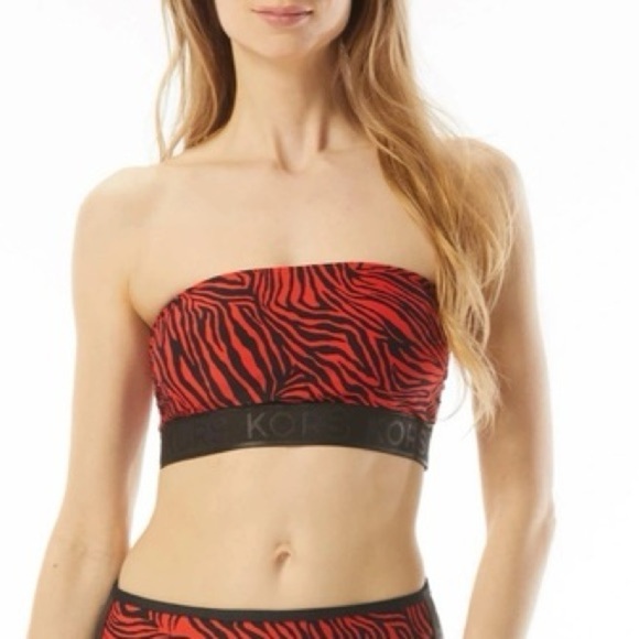 New MICHAEL Michael Kors Zebra Zip Back Bandeau Swim Bikini Top Red Black XS - Picture 2 of 11